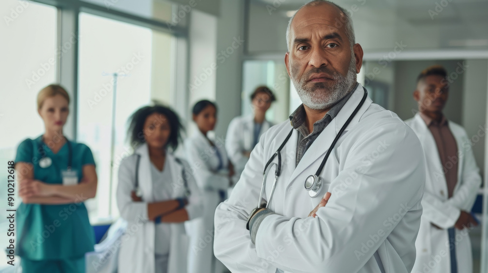 Surrounded by colleagues, a confident doctor stands front and center in a hospital setting, conveying leadership, expertise, and teamwork in the medical field.