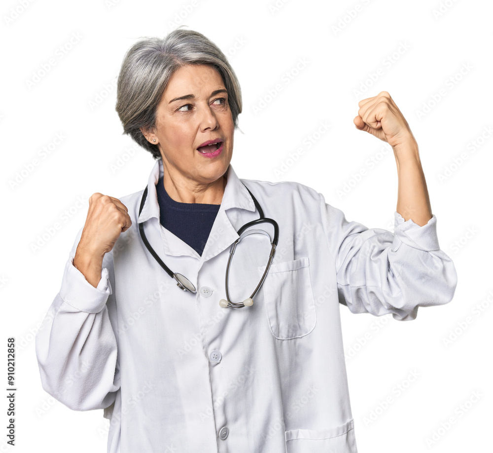 Caucasian mid-age female doctor with stethoscope raising fist after a victory, winner concept. Caucasian mid-age female doctor with stethoscope raising fist after a victory, winner concept.