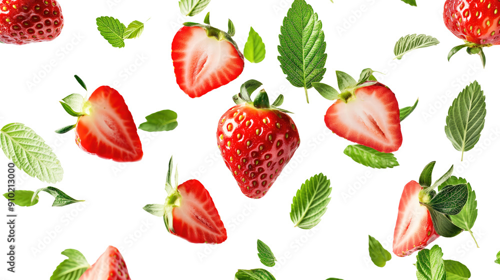 Strawberry fruit with half slices and green leaves isolated on transparent white background, clipping path Strawberry fruit with half slices and green leaves isolated on transparent white background, clipping path