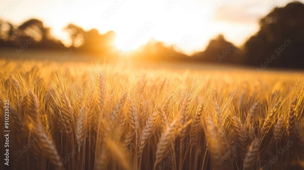 A golden wheat field bathed in warm sunlight at sunset, with silhouettes of trees in the background A golden wheat field bathed in warm sunlight at sunset, with silhouettes of trees in the background