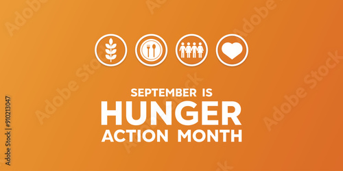 Hunger Action Month. Wheat, plate, fork, spoon, people and heart. Great for cards, banners, posters, social media and more. Orange background.