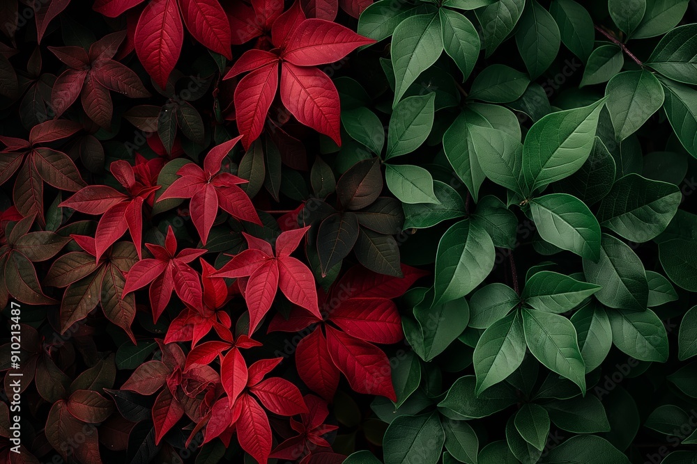 A striking visual of contrasting red and green leaves creating a captivating and harmonious natural pattern. A striking visual of contrasting red and green leaves creating a captivating and harmonious natural pattern.