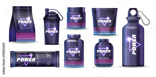 Collection Of Sports Nutrition Products Including Protein Powder, Shaker Bottle, Water Bottle, Supplements For Athletes