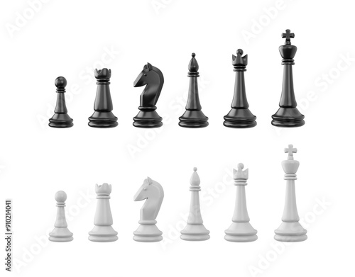 Set of chess pieces 3d vector, realistic black and white board game figures collection, chessmen, queen and king, horse