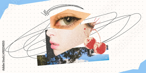Composition of a woman's face from cut-out magazine pages. Female face, nature, cherries and doodles. Retro vintage design for scrapbooking.