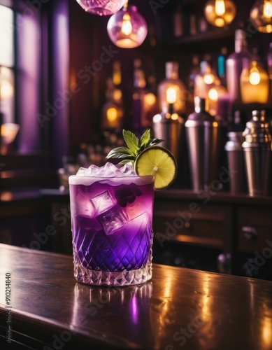 Cocktail drink on a wooden table in a bar on a dark background