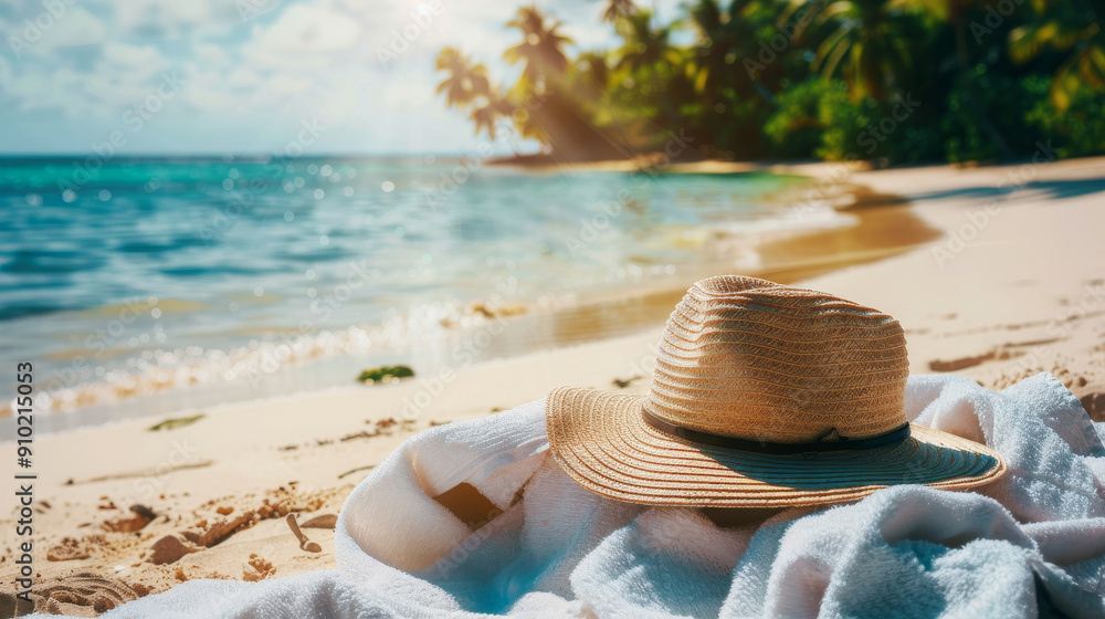 A straw hat rests on a white towel, basking in the serene beauty of a sun-kissed tropical beach with crystal clear waters. A straw hat rests on a white towel, basking in the serene beauty of a sun-kissed tropical beach with crystal clear waters.