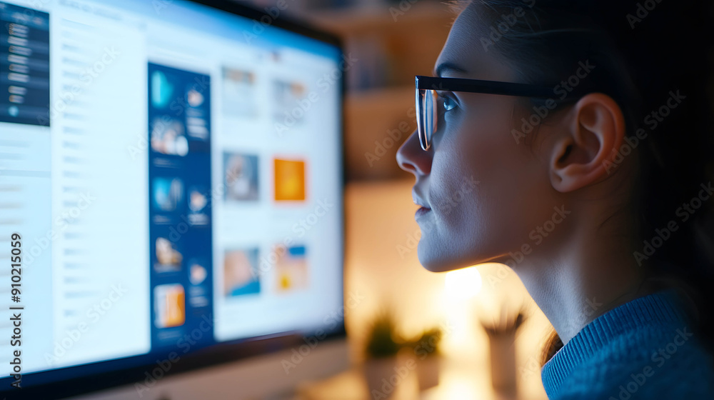 Close-up of an employee or worker illuminated by the screen while participating in a lively online meeting, online connecting, work from home Close-up of an employee or worker illuminated by the screen while participating in a lively online meeting, online connecting, work from home