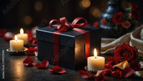 Black gift box with candles and red roses