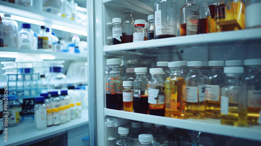 Shelves stocked with various bottles and containers filled with liquid chemicals in a brightly lit, organized laboratory refrigerator. Shelves stocked with various bottles and containers filled with liquid chemicals in a brightly lit, organized laboratory refrigerator.