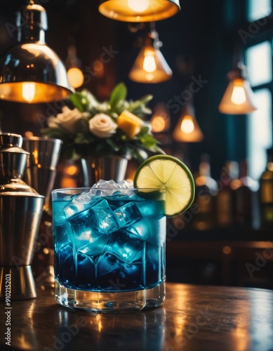 Cocktail drink on a wooden table in a bar on a dark background