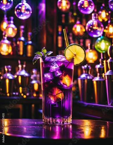 Cocktail drink on a wooden table in a bar on a dark background