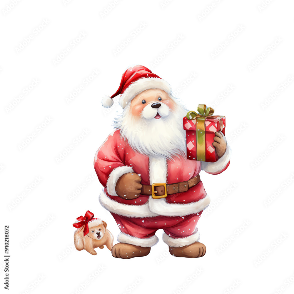 Cute Santa Claus holding a gift with a small dog in a red bow, perfect for festive holiday decor or greeting cards. Cute Santa Claus holding a gift with a small dog in a red bow, perfect for festive holiday decor or greeting cards.