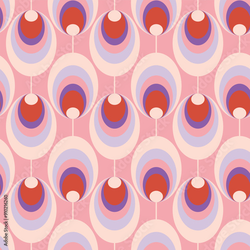 Abstract retro style seamless pattern geometric circle motif pink background. Vintage ornamental design fashion fabric textile swatch decorative ornament. Vector