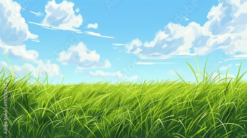 Hand-drawn illustration of a field of green grass under a bright blue sky