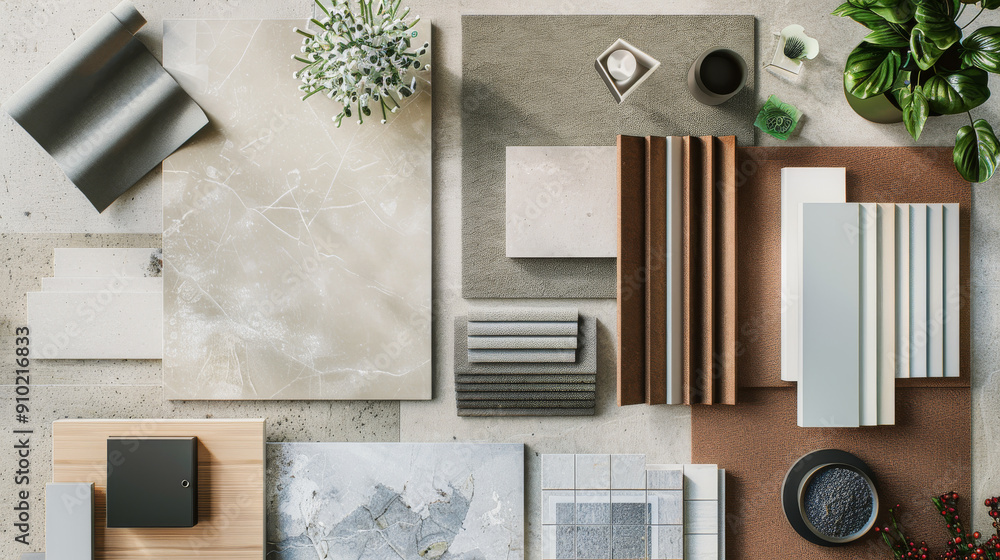 An overhead arrangement of various interior design materials, fabrics ...