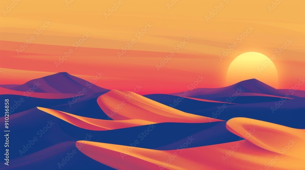 Hand-drawn illustration of sand dunes glowing under the warm hues of a setting sun Hand-drawn illustration of sand dunes glowing under the warm hues of a setting sun