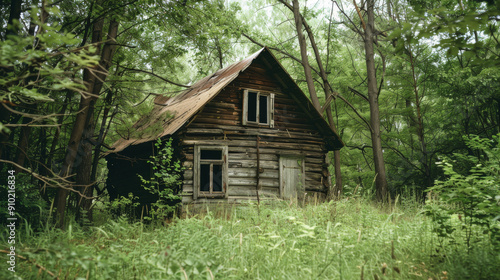 An old, weathered wooden house stands amidst tall grass and dense trees, evoking a sense of nostalgia and wilderness.