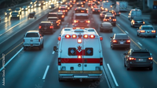 Ambulance driving through a rescue lane on a highway created with Generative AI