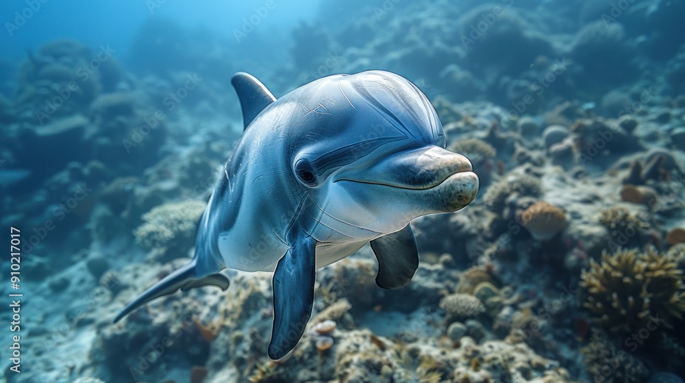 Fototapeta premium Dolphin Swimming Through Coral Reef