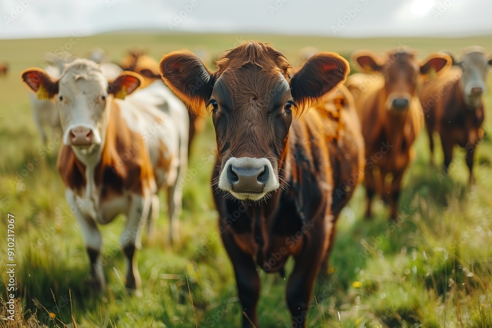 Cows Grazing Peacefully in a Lush Green Pasture Under Clear Blue Skies Cows Grazing Peacefully in a Lush Green Pasture Under Clear Blue Skies