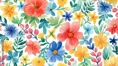 Wallpaper Mural Watercolor floral pattern, featuring various flowers and leaves Torontodigital.ca
