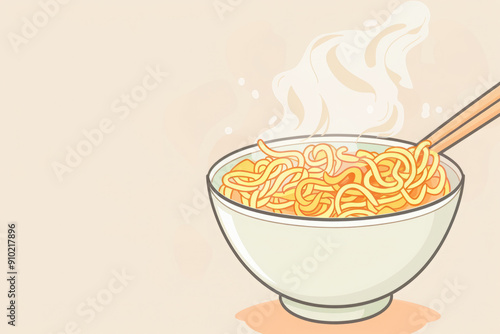 Illustration of instant noodles in bowl with chopsticks on beige background