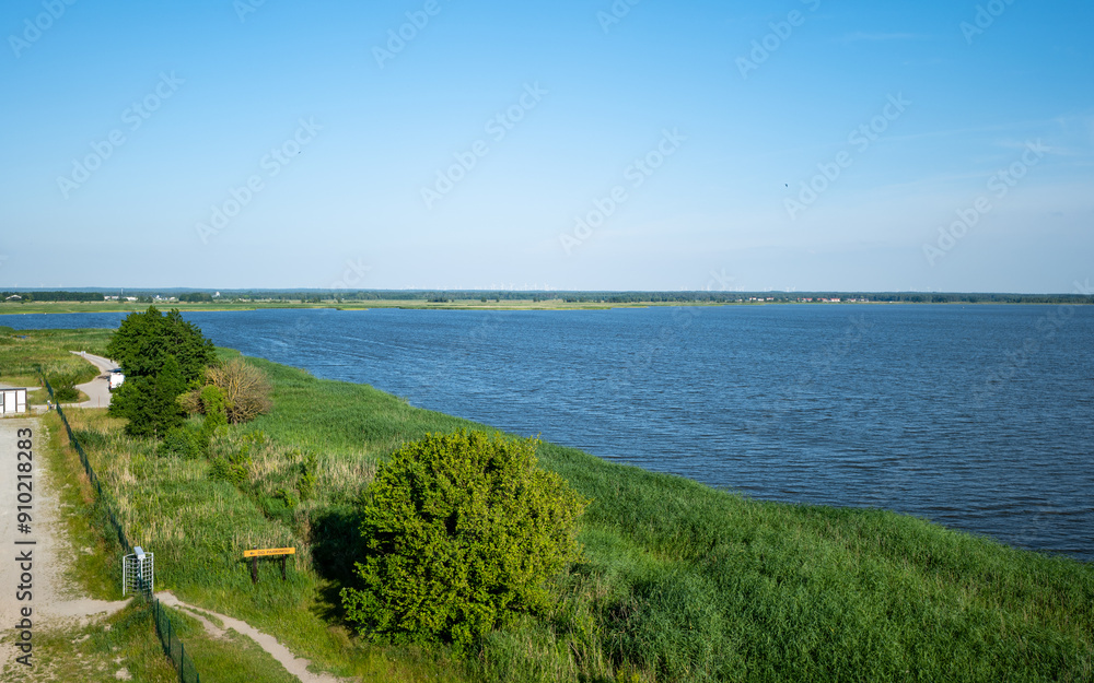 View from the observation tower towards the lake. The rushes in the foreground. Lake Lebsko, Slowinski National Park, Leba, Poland