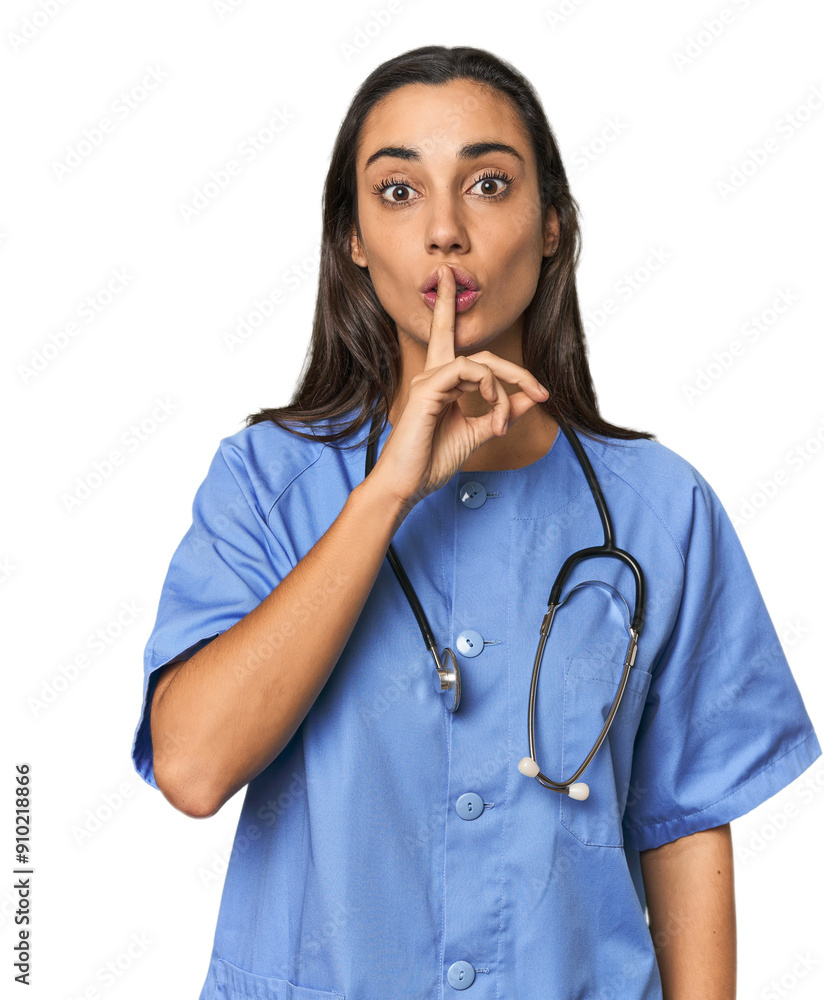 Hispanic nurse in uniform with stethoscope keeping a secret or asking for silence. Hispanic nurse in uniform with stethoscope keeping a secret or asking for silence.