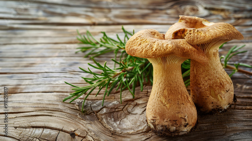 Fresh mushrooms and rosemary sprigs rest on a rustic wooden surface, showcasing a natural, earthy culinary scene.