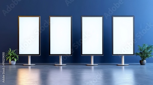 Digital Display Panels, Four blank screens in blue-lit room, Interactive Technology.