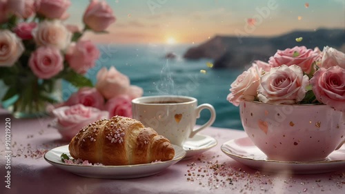 A cup of hot coffee and corned beef bread on the table with a beautiful beach background. Seamless 4K looping timelapse video animation generated AI photo