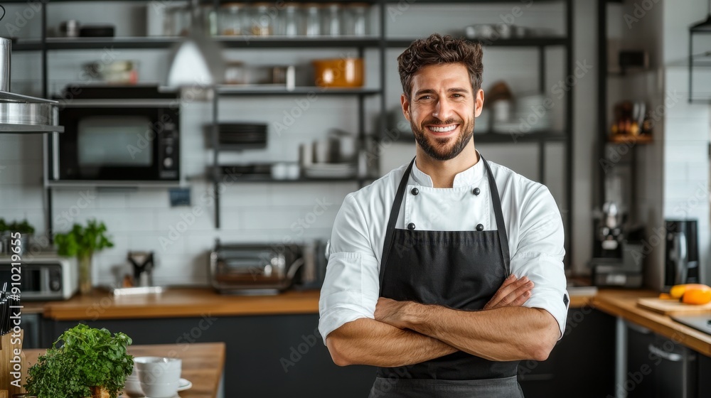 Professional Chef, Smiling chef in a contemporary kitchen with crossed arms, Culinary Expertise. Professional Chef, Smiling chef in a contemporary kitchen with crossed arms, Culinary Expertise.