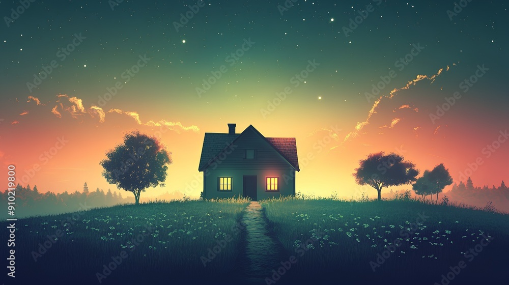 a serene, dreamlike scene of a small house situated in the middle of a grassy field. The house is illuminated from within, casting a warm glow that contrasts with the cool, twilight sky a serene, dreamlike scene of a small house situated in the middle of a grassy field. The house is illuminated from within, casting a warm glow that contrasts with the cool, twilight sky
