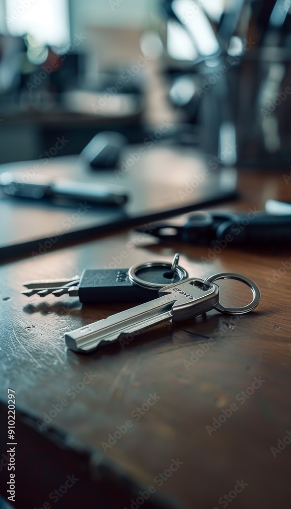 Close-Up of Self Defense Keychain on Office Desk with Supplies - Ideal for Security and Office Themes Close-Up of Self Defense Keychain on Office Desk with Supplies - Ideal for Security and Office Themes