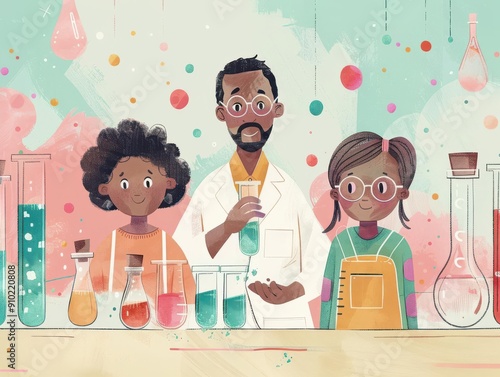 A whimsical illustration of three diverse scientists photo