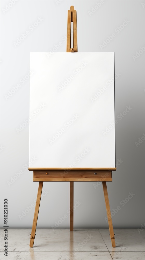 A blank canvas on a wooden easel mockup, set against a plain wall. The easel is simple and elegant, with a natural wood finish. The floor is made of marble, adding a touch A blank canvas on a wooden easel mockup, set against a plain wall. The easel is simple and elegant, with a natural wood finish. The floor is made of marble, adding a touch