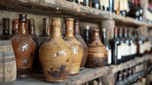 Vintage Bottles on Wooden Shelves