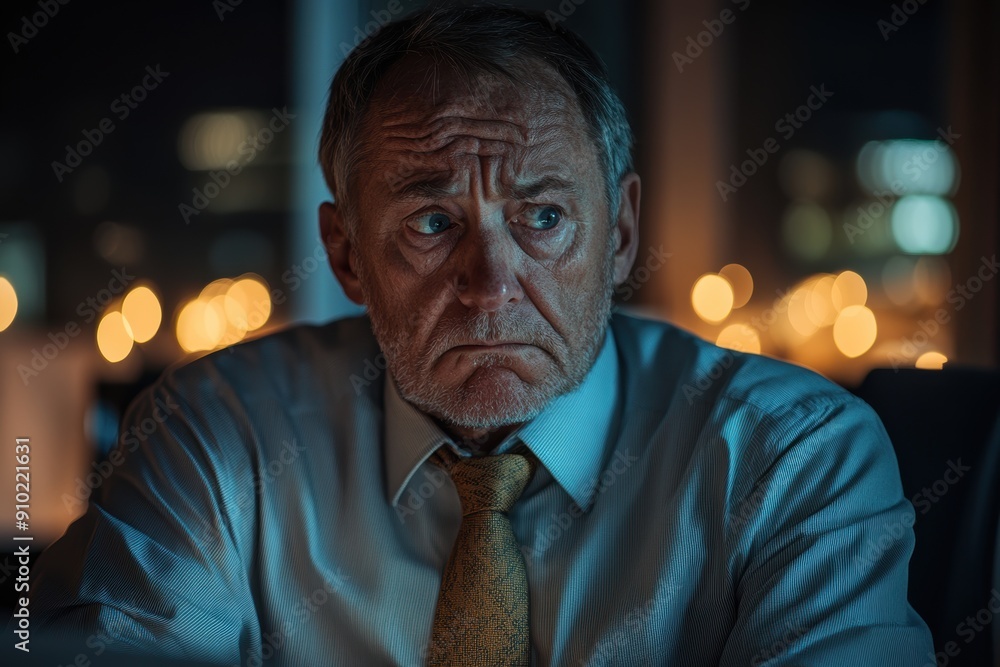 Senior Businessman in Tie Looking Despondent While Working Late in Quiet Office Senior Businessman in Tie Looking Despondent While Working Late in Quiet Office