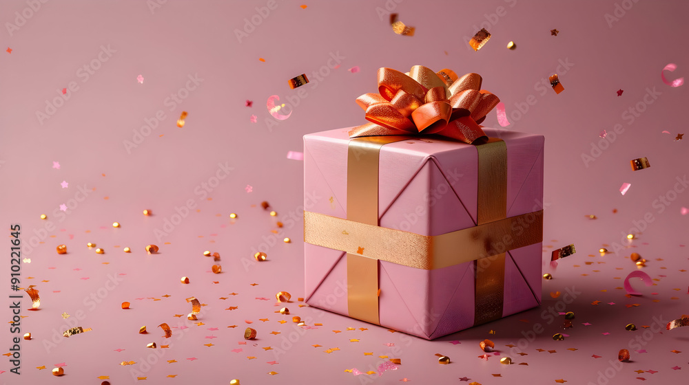 Pink Gift Box with Gold Ribbon and Confetti Illustration Pink Gift Box with Gold Ribbon and Confetti Illustration