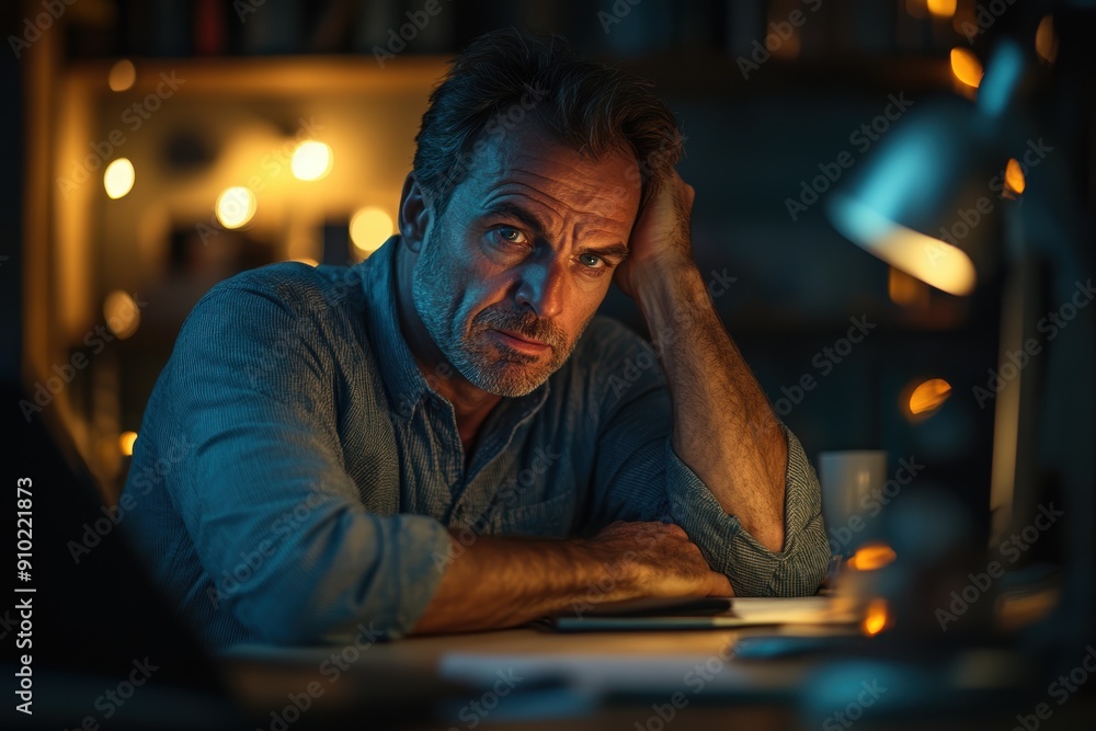 Lonely Middle-Aged Man Feeling Dejected While Working Overtime in Dimly Lit Office Lonely Middle-Aged Man Feeling Dejected While Working Overtime in Dimly Lit Office