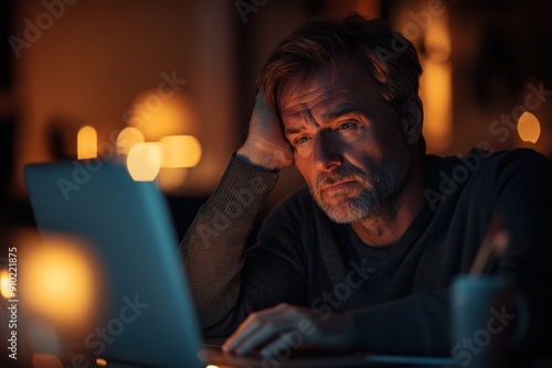 Dejected Middle-Aged Man Working Late in Dimly Lit Office Lamenting Overload and Stress