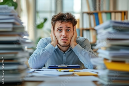 Overwhelmed Male Employee Facing Demanding Tasks with Worrying Expression