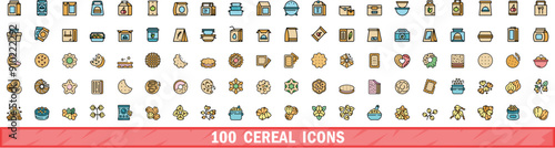 100 cereal icons set. Color line set of cereal vector icons thin line color flat on white