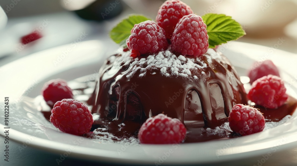 A sweet and tangy raspberry chocolate dessert served on a clean white plate A sweet and tangy raspberry chocolate dessert served on a clean white plate