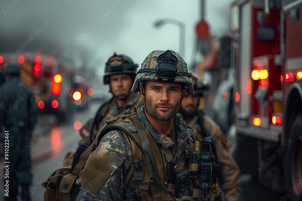 military collaborating with emergency teams on a mission. military collaborating with emergency teams on a mission.