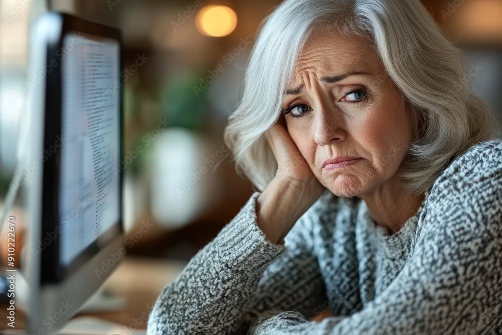Senior woman staring sadly at her computer screen, feeling overwhelmed Senior woman staring sadly at her computer screen, feeling overwhelmed