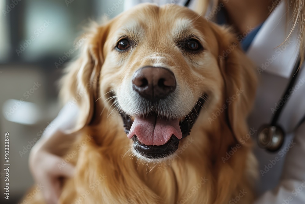 Fototapeta premium Close-up of a happy golden retriever with tongue out, being examined by a veterinarian in a clinic setting.