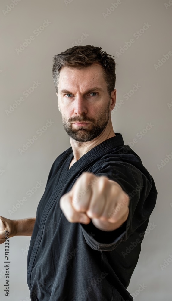 Focused Man Practicing Self-Defense Visualization Techniques in Neutral Studio Setting Focused Man Practicing Self-Defense Visualization Techniques in Neutral Studio Setting