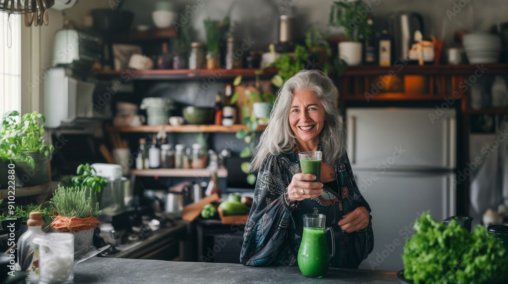 Healthy smiling senior woman holding a green smoothie glass Healthy smiling senior woman holding a green smoothie glass
